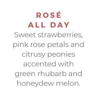Rosé All Day - Sweet strawberries, pink rose petals and citrusy peonies accented with green rhubarb and honeydew melon.